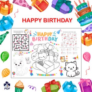 Coloring Placemat DIGITAL | Cat Activity Sheet | Kids Coloring Page | Birthday Printable File Download
