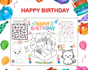 Coloring Placemat DIGITAL | Cat Activity Sheet | Kids Coloring Page | Birthday Printable File Download