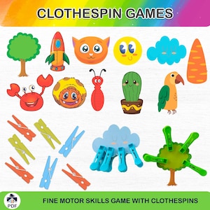 Giochi educativi divertenti con clip per bambini / Attività stampabili per le abilità motorie fini / Download digitale / Apprendimento divertente con le mollette
