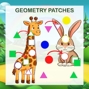 May include: A colorful educational game for kids featuring a giraffe and a rabbit. The game is called "Geometry Patches" and asks children to match different geometric shapes to the animals. The shapes include circles, squares, triangles, and rectangles.