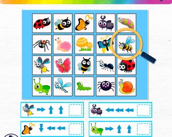 May include: A colourful educational game for kids featuring a grid of 16 images of insects and other creatures. The game asks the player to find the insect and then match the images to the correct arrows. The text "FIND THE INSECT" is at the top of the game board.