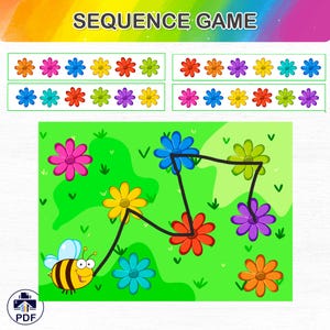 May include: A sequence game for kids featuring a bee and colorful flowers. The game requires the player to connect the flowers in the correct order, following the color pattern shown at the top of the page.
