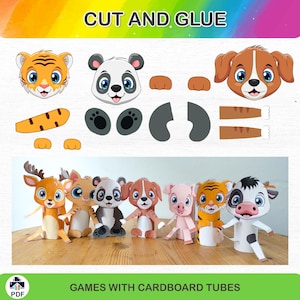 Manualidad con forma de animal para niños / Recortes imprimibles para tubos de cartón / Actividad divertida y creativa / Descarga en PDF / Juego de manualidades con papel