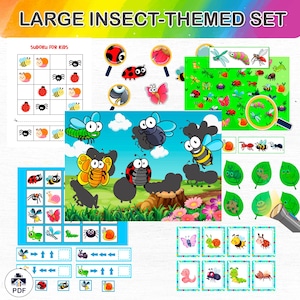 May include: A large insect-themed set of educational activities for kids. The set includes a Sudoku puzzle, a find-the-difference game, a matching game, and a shadow matching game. The activities feature colorful illustrations of insects, such as butterflies, ladybugs, bees, and caterpillars.