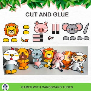 Manualidad con forma de animal para niños / Recortes imprimibles para tubos de cartón / Actividad divertida y creativa / Rollo de papel higiénico / Juego de manualidades con papel