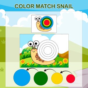 Könnte beinhalten: Farbzuordnungs-Schneckenaktivität für Kinder. Eine Cartoon-Schnecke mit einer leeren Schale wird neben vier farbigen Kreisen gezeigt: blau, grün, gelb und rot. Die Schale der Schnecke hat drei konzentrische Kreise, die gefärbt werden müssen.