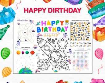 Printable Birthday Coloring Placemat – Space Theme | Fun Activity Mat