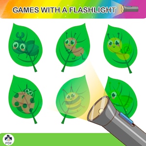 Juego de linterna con insectos en las hojas / Actividad educativa imprimible para niños / Juego sensorial / Descarga en PDF / Linterna portátil