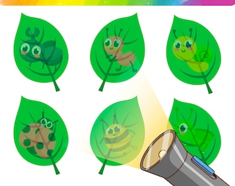 May include: A game for children featuring a torch to illuminate different insects hidden on green leaves. The text "GAMES WITH A FLASHLIGHT" is at the top of the image.