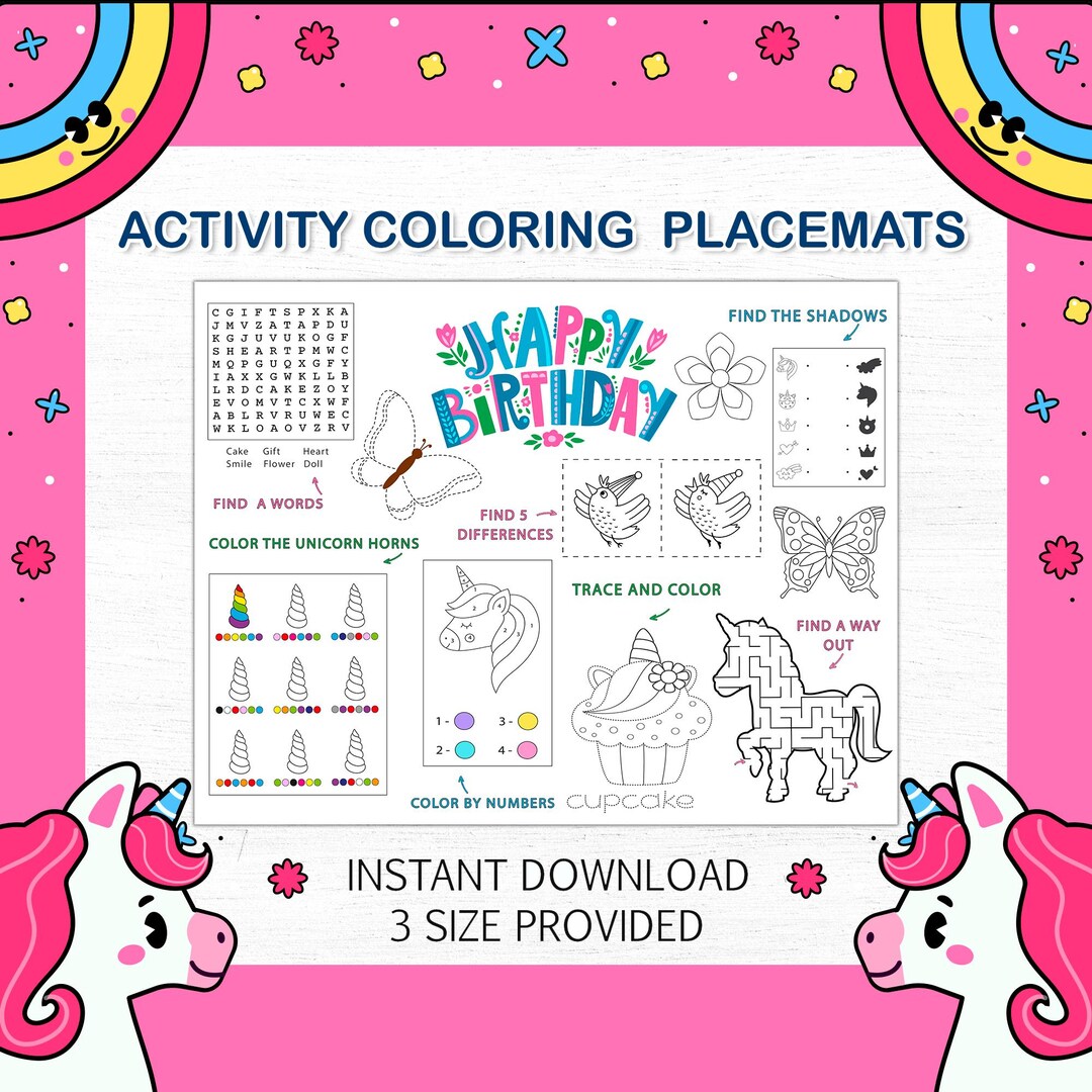 Unicorn Coloring Placemat | Unicorn Party | Girly Party | Printable ...
