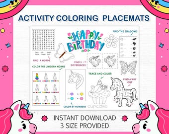 Unicorn Birthday Coloring Placemat: Girly Party Activity (PDF)
