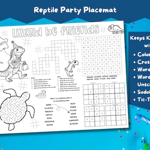 May include: A white reptile-themed placemat featuring the text "Lizard be Friends" and a cartoon lizard in a party hat. It includes activities like coloring, crossword, word search, word unscramble, Sudoku, and Tic-Tac-Toe. The placemat is set against a blue backdrop.