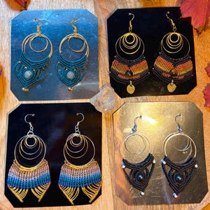 Macrame Dangle Earrings, Brass Hoops, Natural Gemstone Jewelry