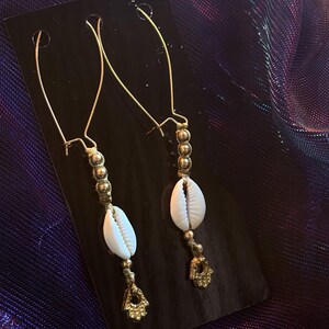 Cowrie Shell Dangle Earrings, Gold Brass Beads, Hamsa Charm, Boho Jewelry