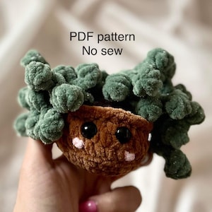 Könnte beinhalten: Ein gehäkeltes Plüschtier in Form einer Sukkulentenpflanze in einem braunen Topf. Die Pflanze hat grüne Blätter und der Topf hat ein süßes Gesicht mit schwarzen Augen und rosa Wangen. Der Text "PDF pattern No sew" steht über dem Spielzeug.