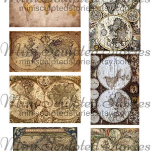 May include: A set of six vintage world maps with a distressed, aged look. The maps are printed on paper with a cream background and feature brown, black, and gold details. The maps are framed in a decorative border.
