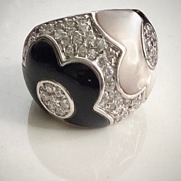 Belle Etoile “Fleur: Black and White Collection With Enamel and Beautiful Cubic Zirconias Ring Siza 7