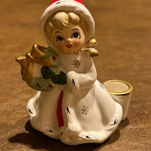 Vintage Napco Napcoware Weihnachten Schneeflocke Mädchen Griff Halter Kranz X8388 Orig. Etikett