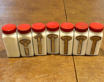 7 Vintage Griffith Milk Glass Spice Jars With Red Metal Lids
