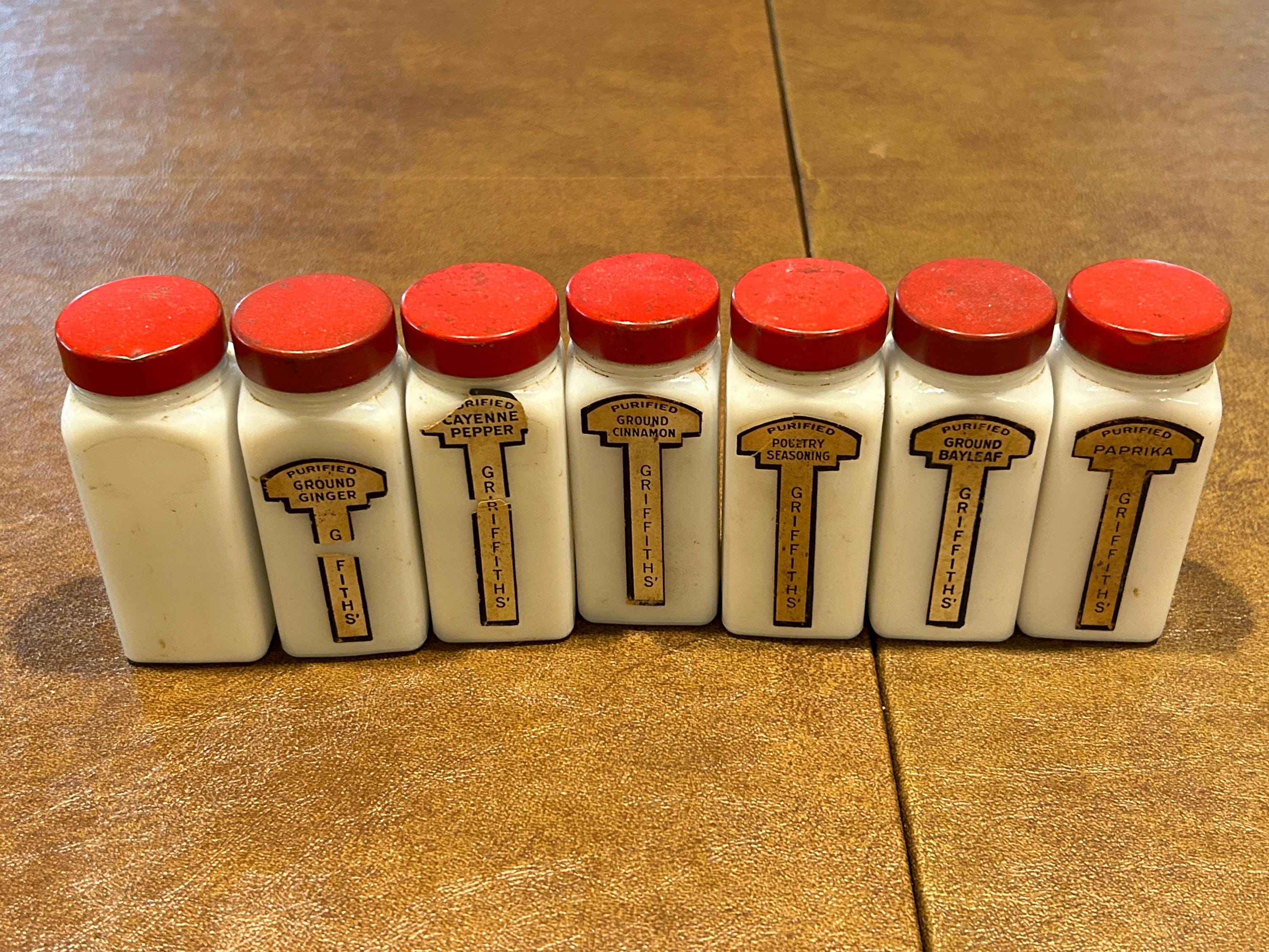 7 Vintage Griffith Milk Glass Spice Jars With Red Metal Lids