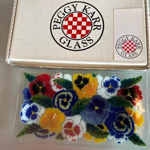 Peggy Karr Fused Glass Pansies Tray - Glass Serving Tray Original Box / Paperwork.