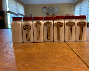 7 Vintage Griffith Milk Glass Spice Jars With Red Metal Lids