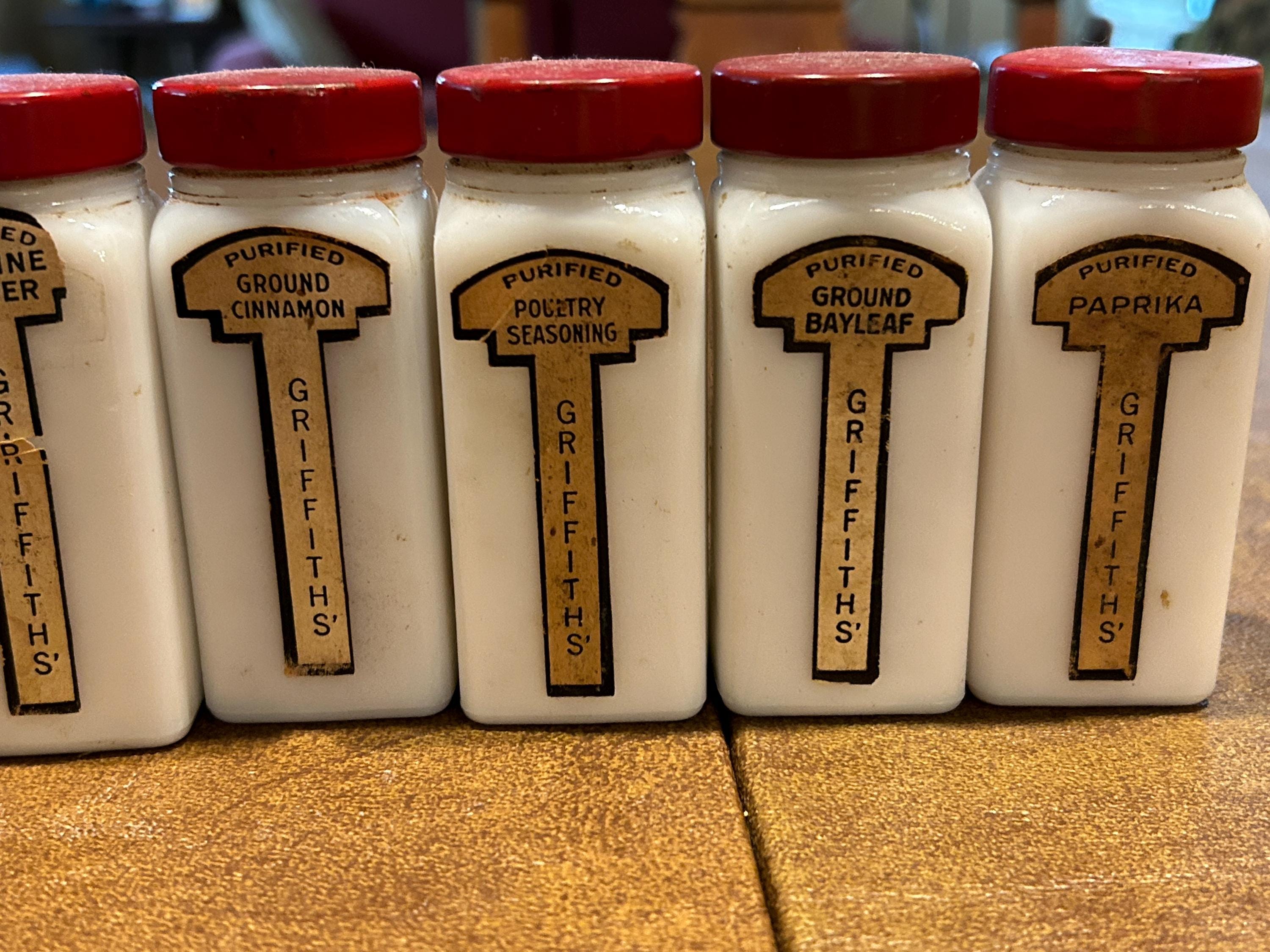7 Vintage Griffith Milk Glass Spice Jars With Red Metal Lids
