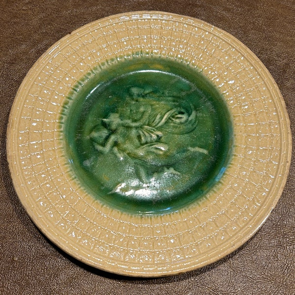 19th C Majolica Plate Mythology Hermes Mercury Green Yellow Border 8"