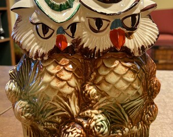 Vintage McCoy Mr & Mrs Owls Cookie Jar w/ Pinecones-When Shadows Fall