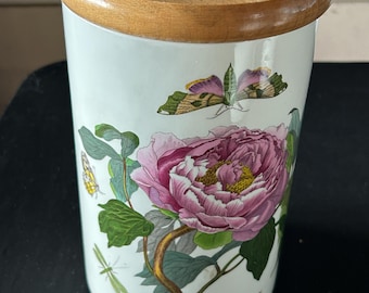Vintage PORTMEIRION Botanic Garden SHRUBBY PEONY Large Canister  or Cookie Jar w/Wood Lid Made in Britain Susan Williams-Ellis