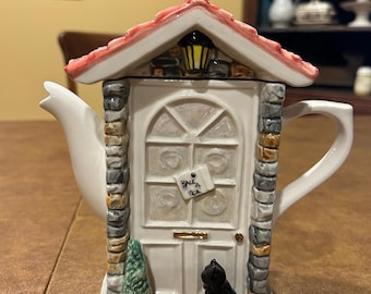 Swineside Ceramics Weysleydale England Teapot "The Door" or "Back 4 Tea" Black Cat Goose Finial.