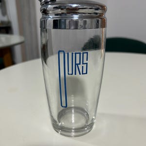 Art Deco Cocktail Shaker &quot;OURS&quot; Shaker Blue Enamel Mid Century Modern 7 1/2&quot; Tall