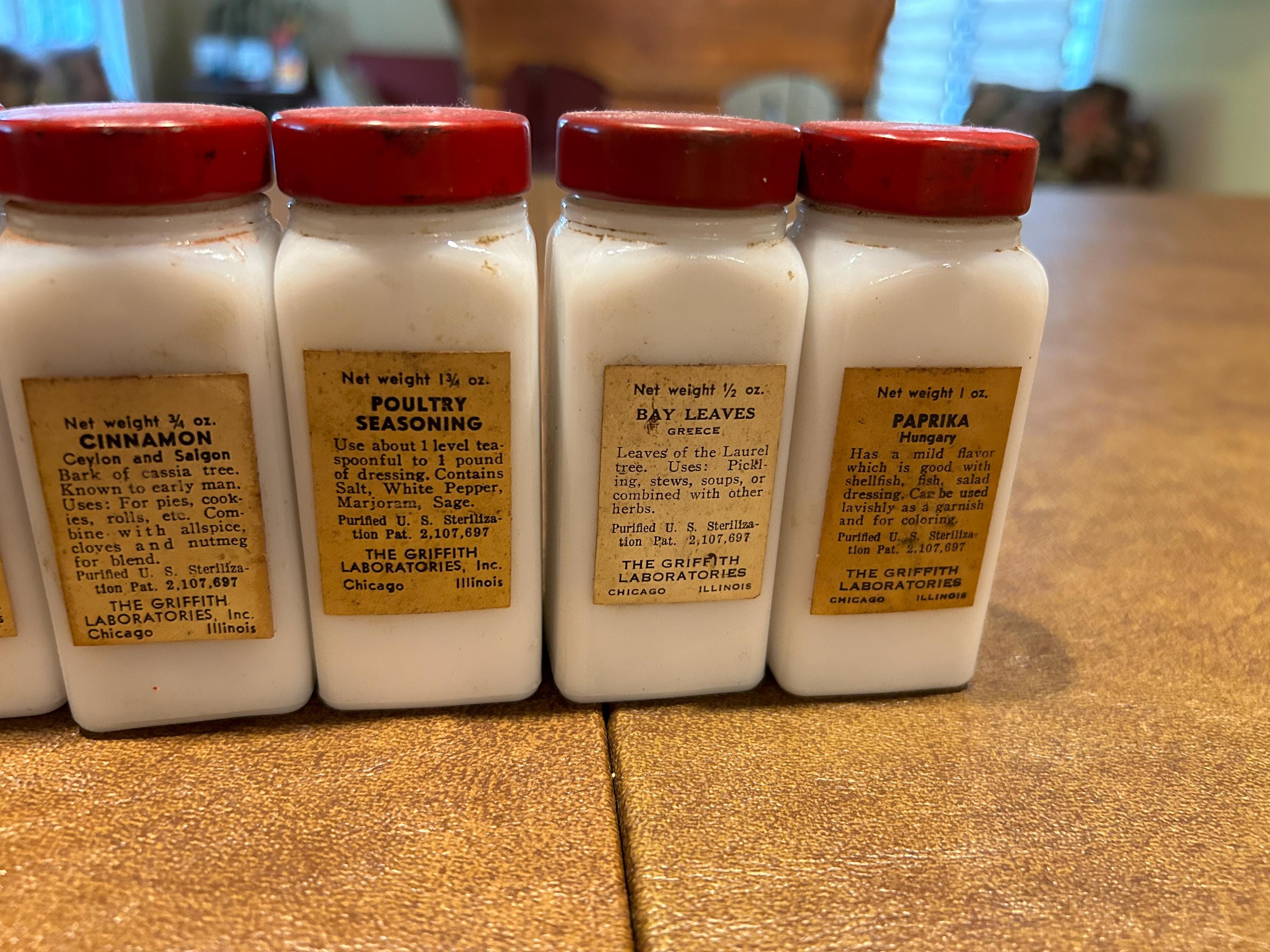 7 Vintage Griffith Milk Glass Spice Jars With Red Metal Lids