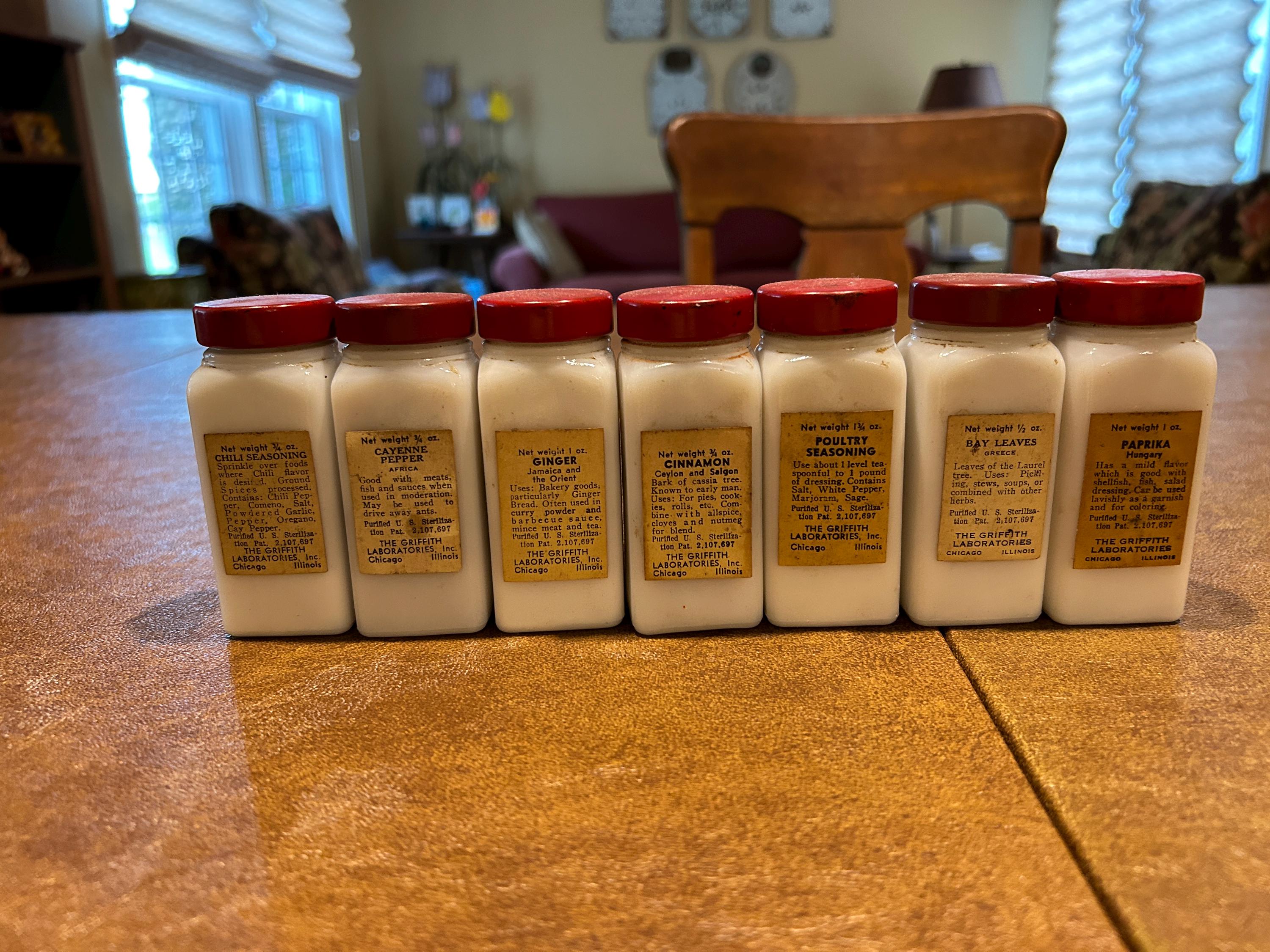 7 Vintage Griffith Milk Glass Spice Jars With Red Metal Lids