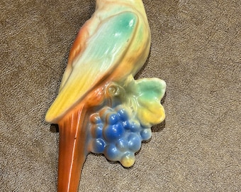 Vintage Czech Wall Pocket Vase Bird Parrot & Grapes Matte Finish Brown Czech Dime Mark