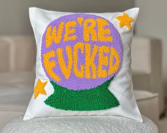 Funny Punch Needle Pillow Cover, Embroidered Magic Sphere Quote