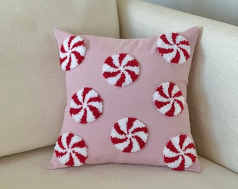 Pink Peppermint Candy Punch Needle Pillow Cover: Christmas Decor (14x14 inch)