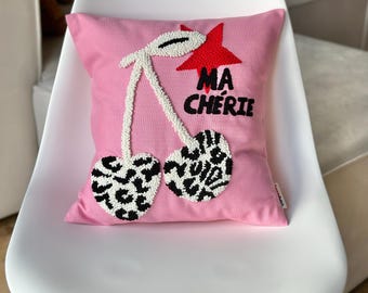 Funda de almohada Leopard Cherry Punch Needle, lino rosa
