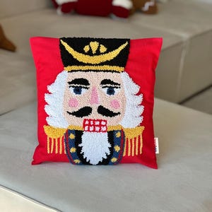 Handmade Nutcracker Soldier Pillow: Punch Needle Christmas Cushion