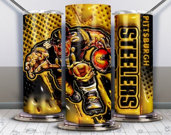 May include: A yellow and black tumbler with a graphic of a football player wearing a Pittsburgh Steelers uniform. The text "PITTSBURGH STEELERS" is on the side of the tumbler.