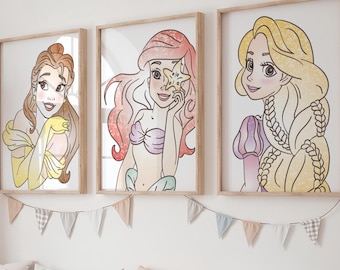 Pick 3 Watercolor Princess Wall Decor, Princess Wall Art, Hand Drawn Princess Sketches, Princess Posters, Girl Nursery Wall Art