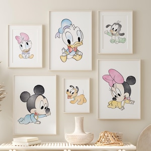 Arte mural de Mickey, Mickey y sus amigos, boceto de acuarela de Mickey, láminas artísticas de Mickey bebé, decoración de pared de Mickey, arte mural para habitación infantil