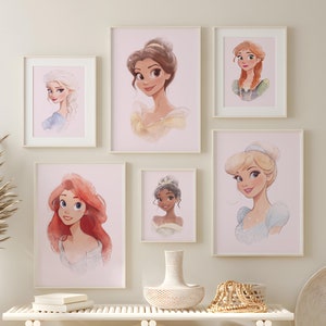 Set of 12 Watercolor Princess Wall Art, Girl Nursery Art Prints (Digital Download)