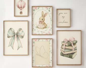 Vintage Rabbit Nursery Art Prints, Baby Girl Room Decor (Digital Download)