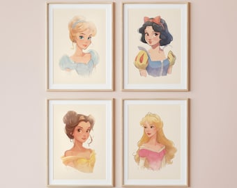May include: Four framed illustrations of Disney princesses. Each frame features a different princess: Cinderella, Snow White, Belle, and Aurora. The princesses are depicted in a cartoon style with soft, watercolor-like colors.