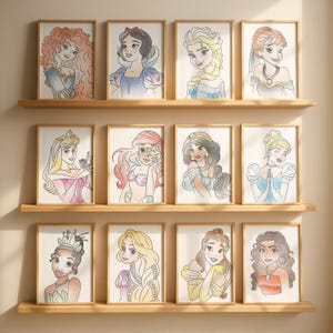 Bocetos de princesas dibujados a mano, decoración para habitación infantil de niña (descarga digital)