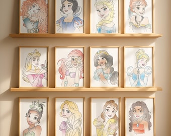 Handgetekende prinsessenschetsen, decor meisjeskamer (digitale download)