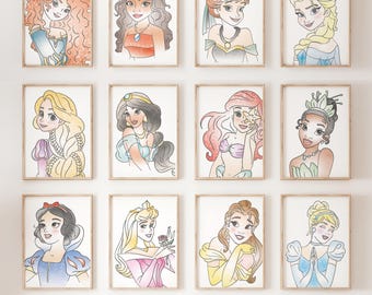 Princess Art Print, Instant Download, Set of 12, Hand Drawn, Princess Wall Art, Princess Posters