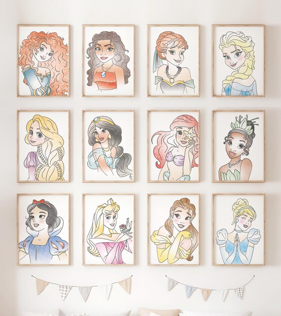 Watercolor Princess set of 12, Princess Wall Art, Hand Drawn Princess Posters, Princess Sketches, Girl Nursery Wall Art