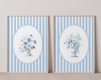 Floral Toilet Art Print Set, Blue Stripes Bathroom Decor (Digital Download)